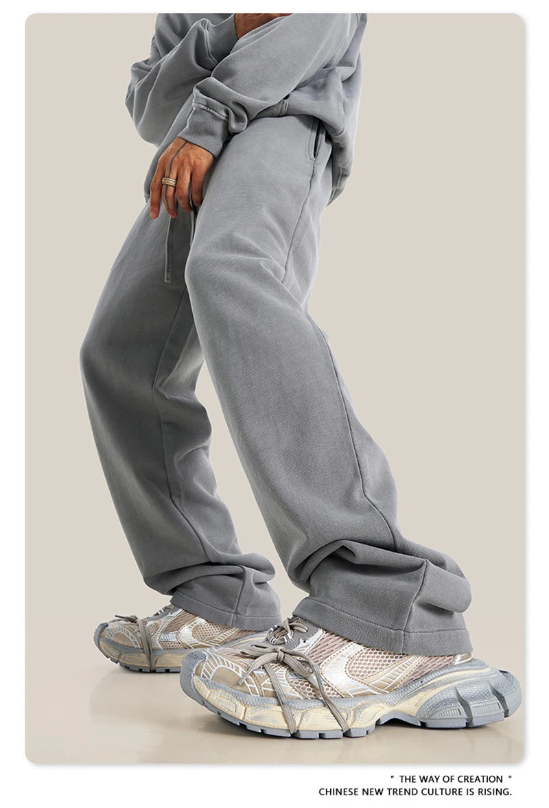 ZODF Retro Men Autumn Washed 380gsm Cotton Unisex High Street Oversized Solid Sport Straight Pants HY0885