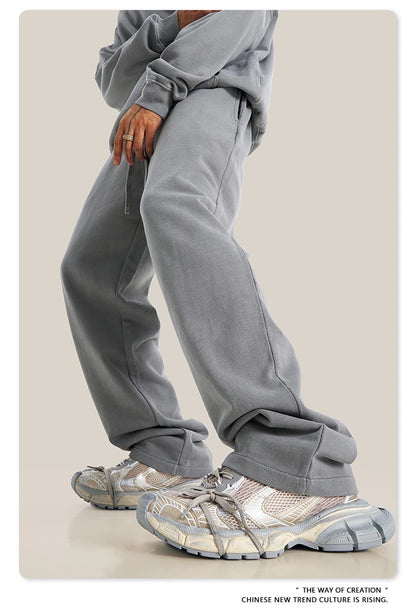 ZODF Retro Men Autumn Washed 380gsm Cotton Unisex High Street Oversized Solid Sport Straight Pants HY0885