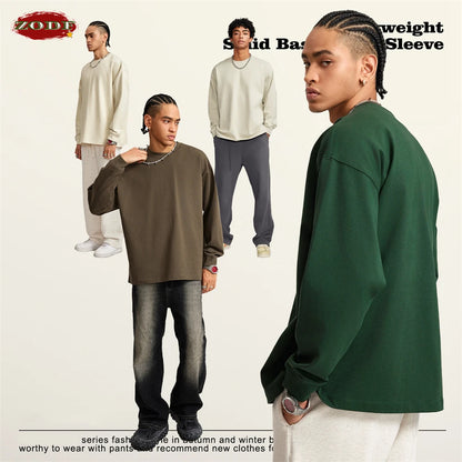 ZODF Autumn Winter 425gsm Long Sleeve T-Shirt American Retro Unisex Loose Heavyweight Basic Cotton T Shirts TEE HY0676