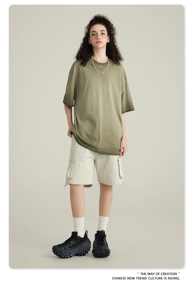 ZODF 2023 Men's Summer 255G Wash Gradient Fried Cotton T Shirt Round Neck Short Sleeve American Retro Loose T-Shirt HY0547