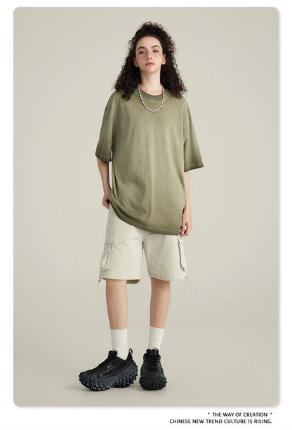 ZODF 2023 Men's Summer 255G Wash Gradient Fried Cotton T Shirt Round Neck Short Sleeve American Retro Loose T-Shirt HY0547