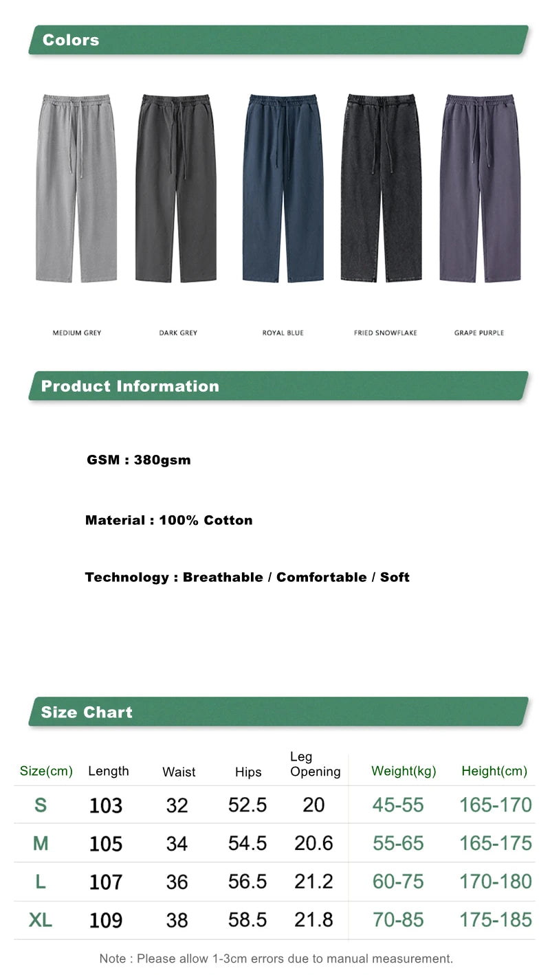 ZODF Retro Men Autumn Washed 380gsm Cotton Unisex High Street Oversized Solid Sport Straight Pants HY0885