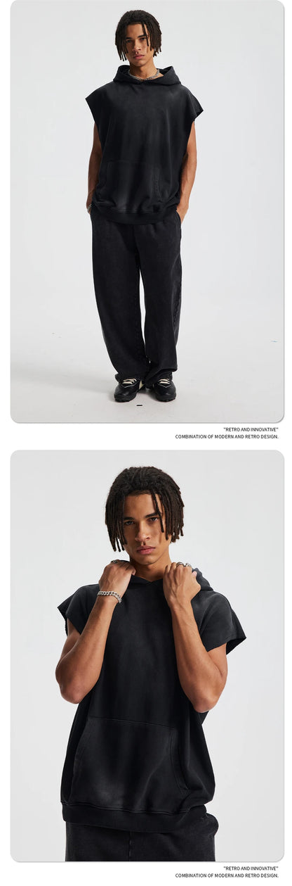 ZODF Summer Autumn Man Washed Sleeveless Hoodies For Men Unisex Loose Edge Distressed 380gsm Cotton Hooded Pullovers HY1097