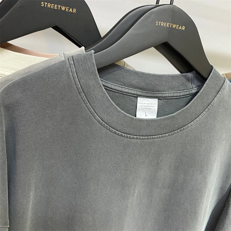 ZODF New Summer Solid Washed Cotton T-Shirts Streetwears For Men Unisex Retro High Street 275gsm Basic Tees Brand Tops HY0071