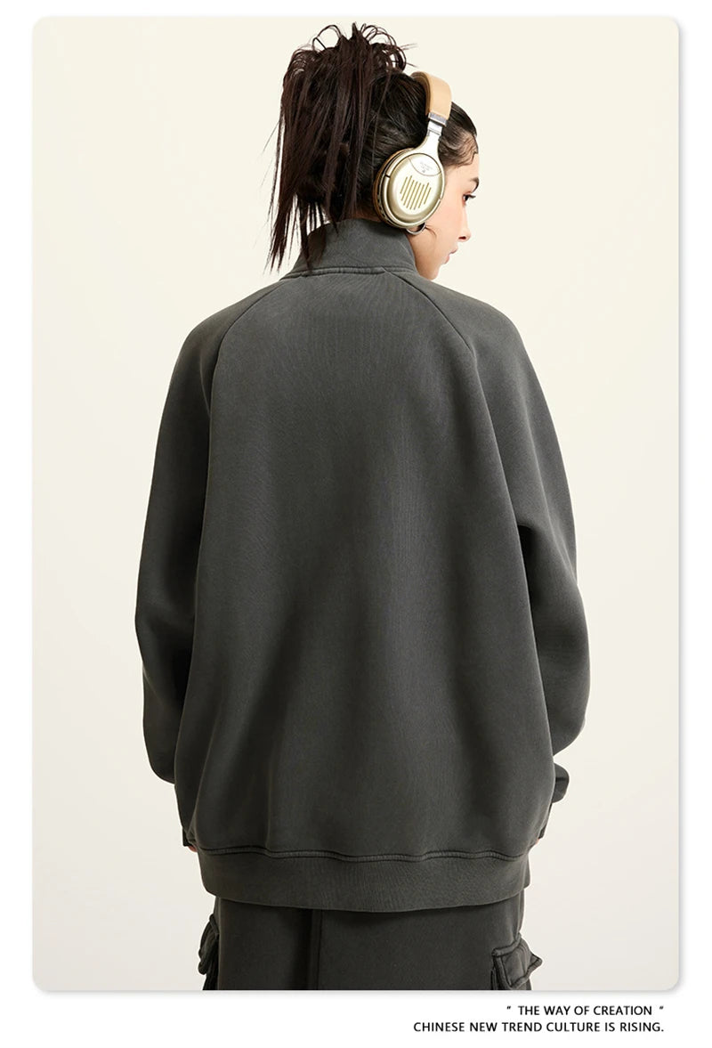 ZODF Retro Winter Men Washed Fleece Zipper Jackets Unisex Loose Oversized 400gsm Raglan Sleeve Coats Streetwears HY0649