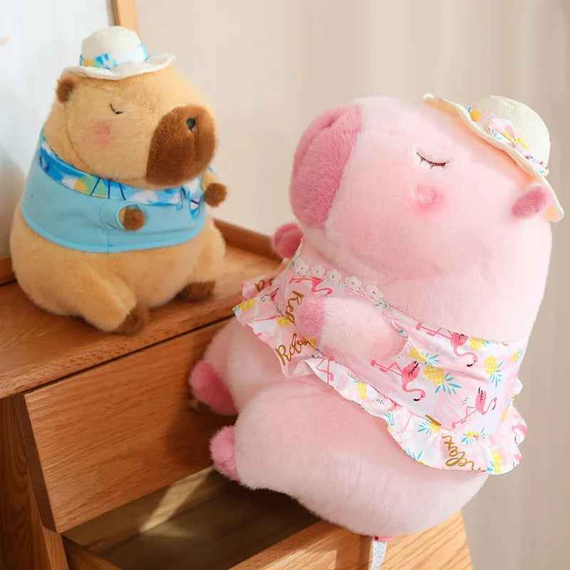 Pink Capybara Plush Toy Stuffed Seaside Beach Dress Blue Shirt Swim Ring Bee Decor Capibara Plushie Boy Hawaii Vacation Style