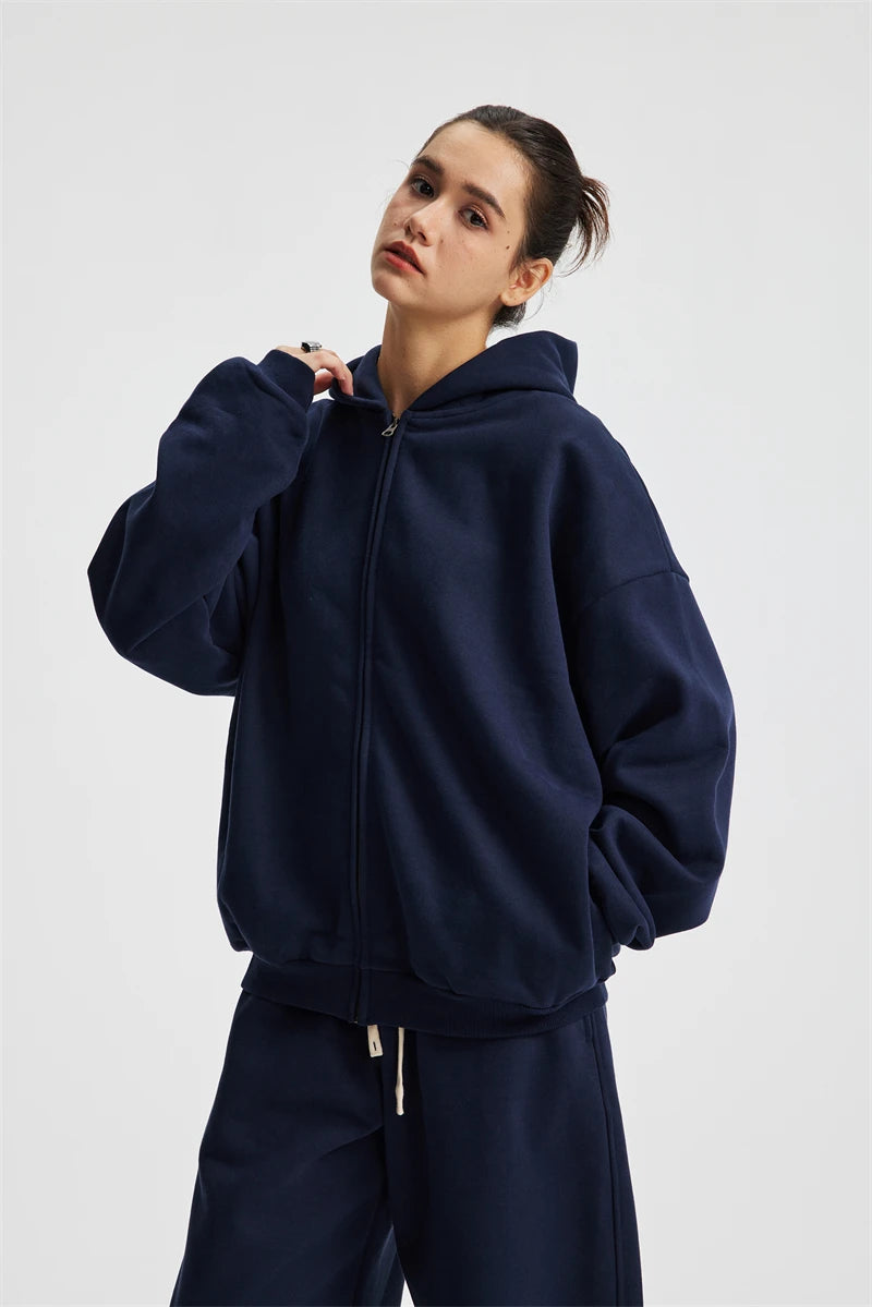 ZODF Trendy Winter Man Warm 430gsm Fleece Zipper Hoodies Unisex Solid Loose Zip-Up Hooded Coats Brand Outfit HY1130