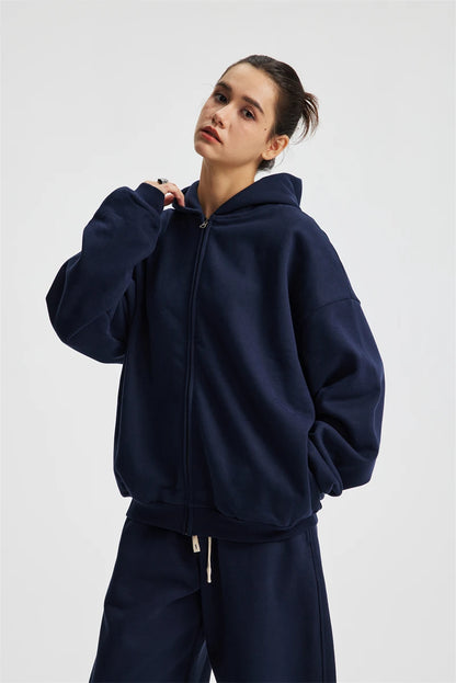 ZODF Trendy Winter Man Warm 430gsm Fleece Zipper Hoodies Unisex Solid Loose Zip-Up Hooded Coats Brand Outfit HY1130