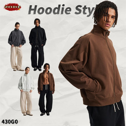ZODF 430gsm Heavyweight Solid Zipper Hoodie for Men Unisex Loose Stand Collar Coat HY1101 Autumn 2025 Fashion