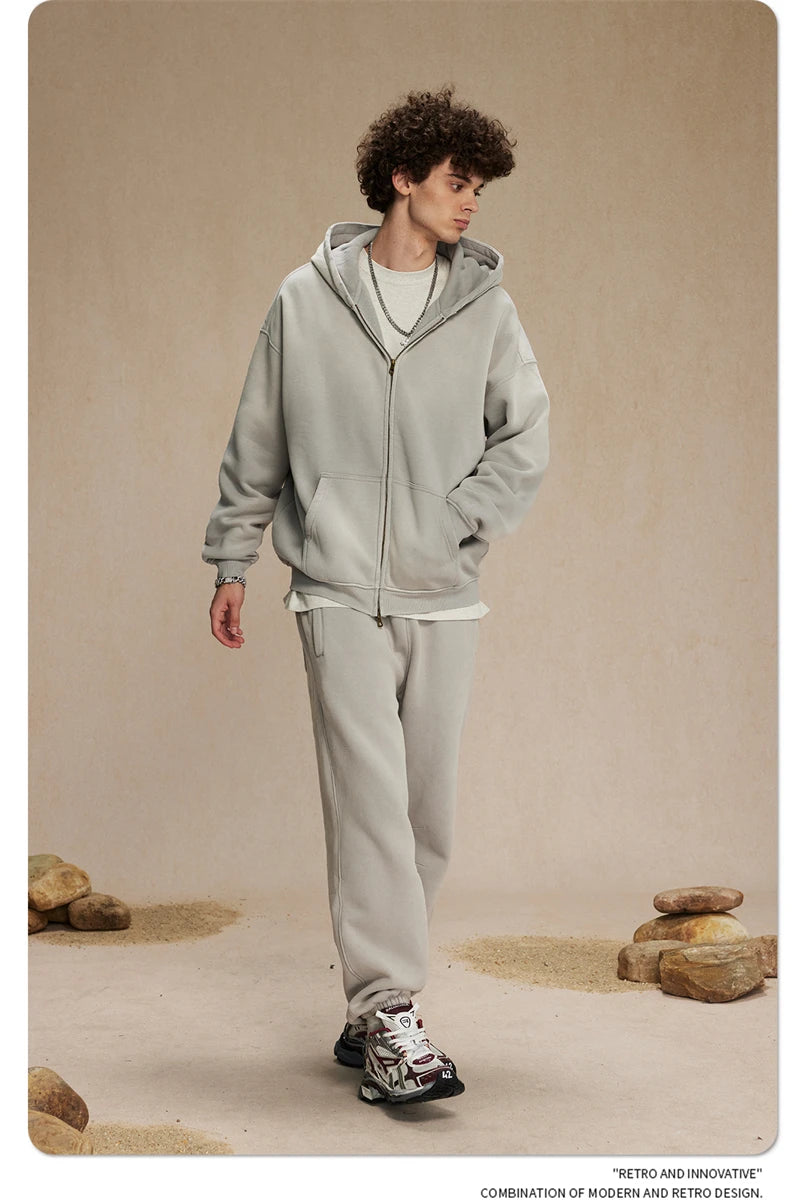 ZODF Retro Winter Men Spray-Dyed Zipper Hoodies Unisex Loose 360gsm Zipper Fleece Hooded Sweatshirt Pullovers Coats HY0719