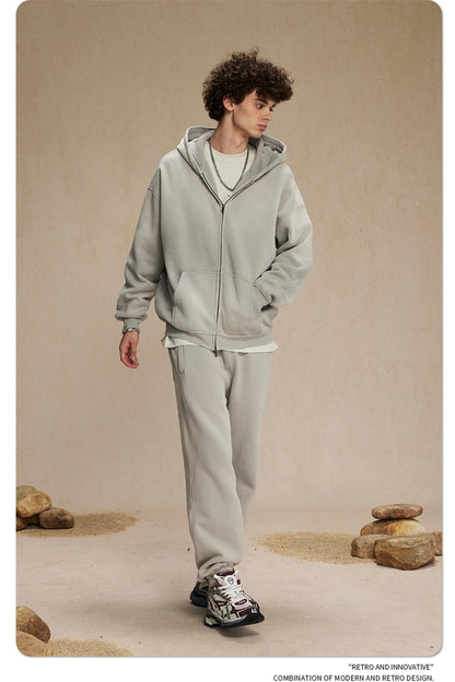 ZODF Retro Winter Men Spray-Dyed Zipper Hoodies Unisex Loose 360gsm Zipper Fleece Hooded Sweatshirt Pullovers Coats HY0719