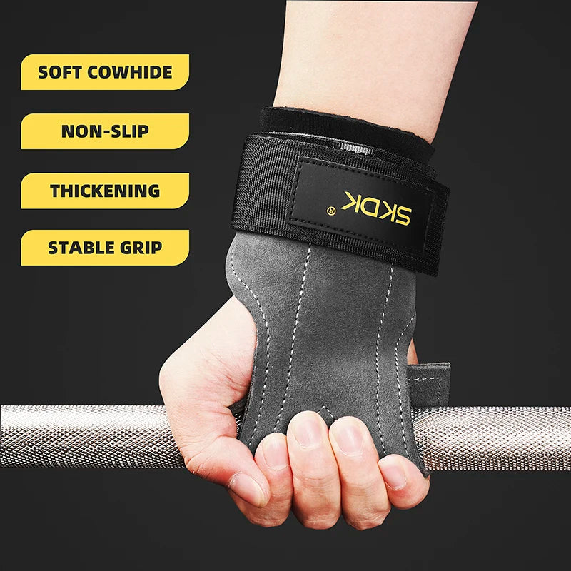 SKDK Gym Grips Cowhide Palm Guards Weightlifting Gymnastics Workout Gloves Fitness Training Equipment - black