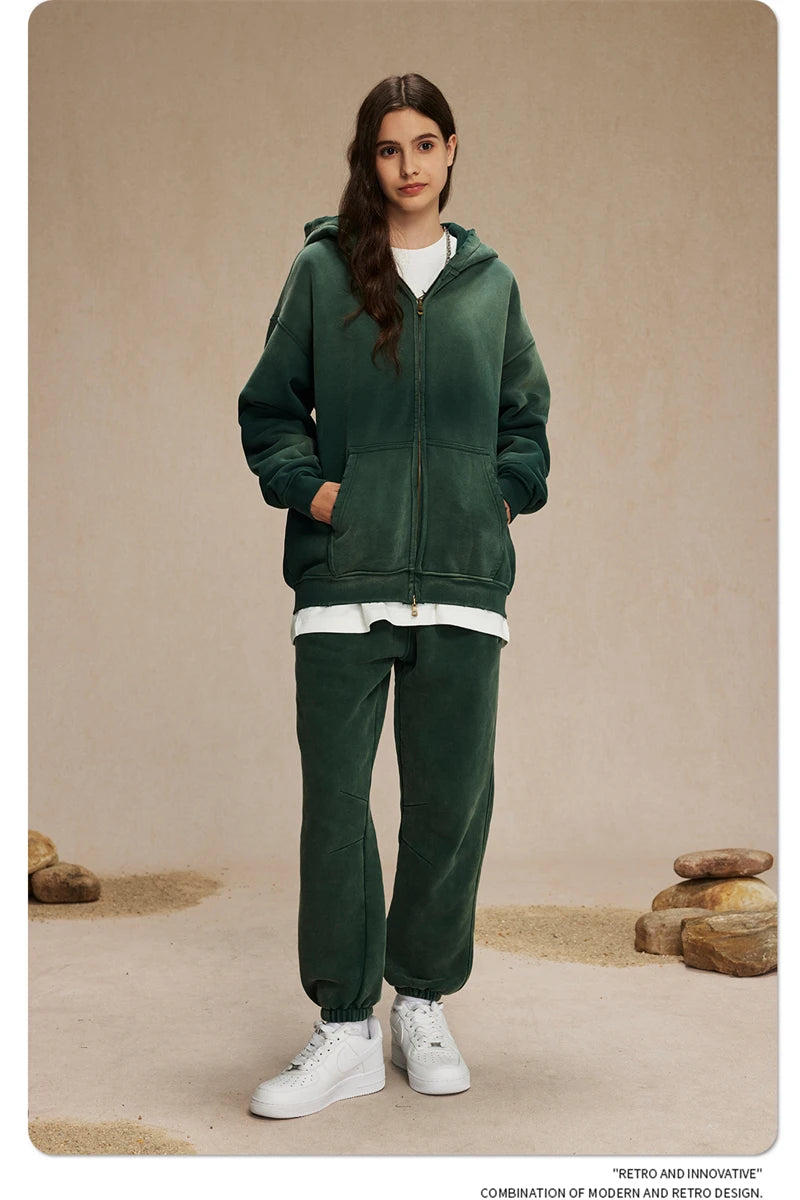 ZODF Retro Winter Men Spray-Dyed Zipper Hoodies Unisex Loose 360gsm Zipper Fleece Hooded Sweatshirt Pullovers Coats HY0719