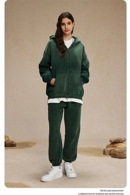 ZODF Retro Winter Men Spray-Dyed Zipper Hoodies Unisex Loose 360gsm Zipper Fleece Hooded Sweatshirt Pullovers Coats HY0719