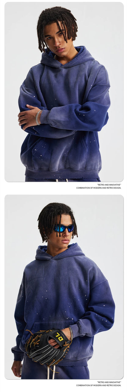 ZODF Trendy Men Washed 360gsm Fleece Hoodies Unisex Oversized Warm Paint Distressed Hooded Pullovers Winter Coat HY0947