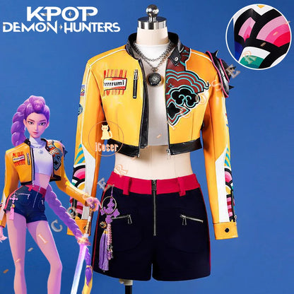 Anime KPop Demon Hunters Rumi Cosplay Costume Wig Yellow Leather Jacket Huntrix Uniform Halloween Party Women Girls Props iCoser