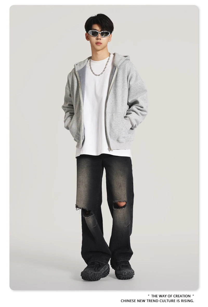 ZODF New Winter Men Zipper Fleece Hoodies Unisex Loose Heavy Weight Thick Warm Basic 420gsm Hooded Coats Hoodie HY0747