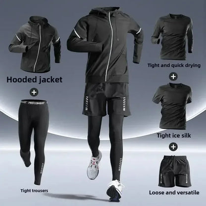 Men’s Fitness Running Set Tight-Fit Quick-Dry Sportswear for Autumn Night Runs Training and Cycling Gear - Khaki / 2XL