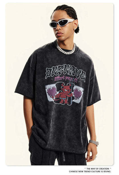 ZODF America Retro Summer 100% Cotton T-Shirts For Men Unisex Washed 310gsm Comfortable High Street Printing T Shirt Tops HY0862