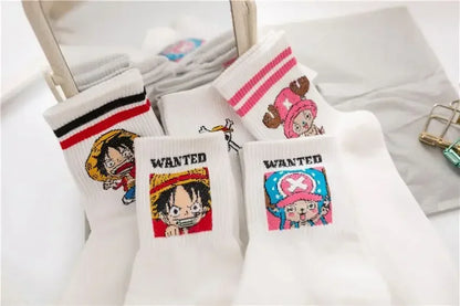 5Pair Anime One Piece Socks Cartoon Luffy Chopper Student Cotton White Long Short Boat Socks Printed Knitted Socks Children Gift