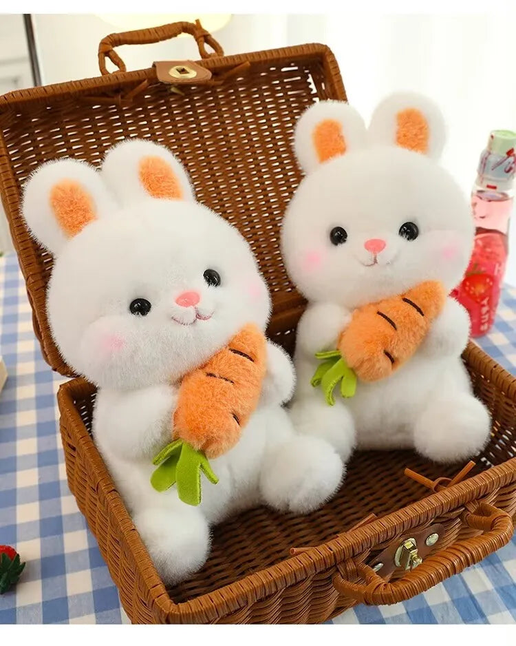 25-50cm Adorable Fuzzy Bunny Hold Carrot Plush Toy Stuffed White Rabbit with Foods on Hand Kids Hug Cuddly Plushie for Children