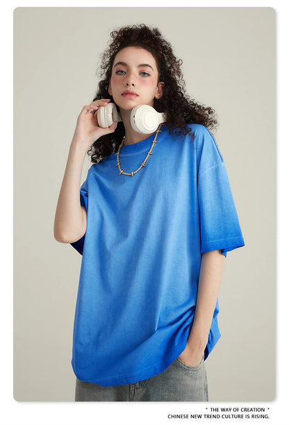 ZODF 2023 Men's Summer 255G Wash Gradient Fried Cotton T Shirt Round Neck Short Sleeve American Retro Loose T-Shirt HY0547