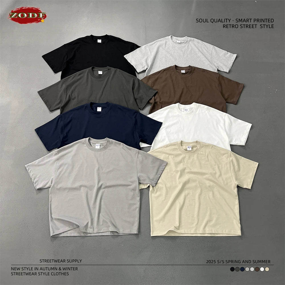 ZODF New Men Summer Boxy 275gsm Cotton T-Shirts Retro Unisex Oversized Short Version Basic T Shirt Brand Tees HY1070