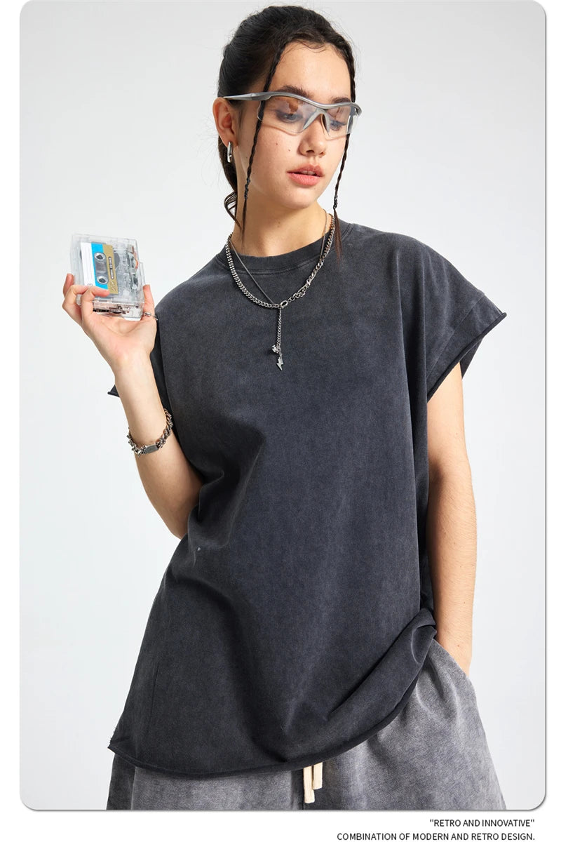 ZODF Trendy Summer Men Batik Washed 275gsm Cotton Tank Tops Unisex Oversized Loose Edge Sleeveless Vests Brand Tees HY1036