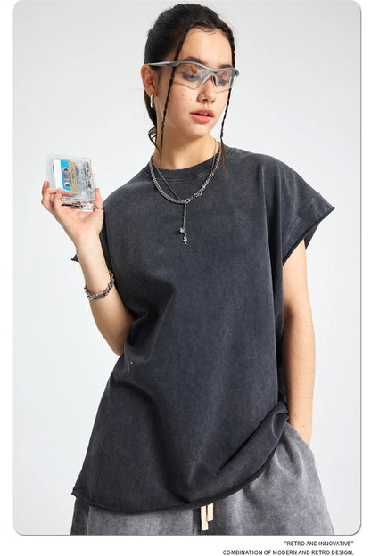 ZODF Trendy Summer Men Batik Washed 275gsm Cotton Tank Tops Unisex Oversized Loose Edge Sleeveless Vests Brand Tees HY1036