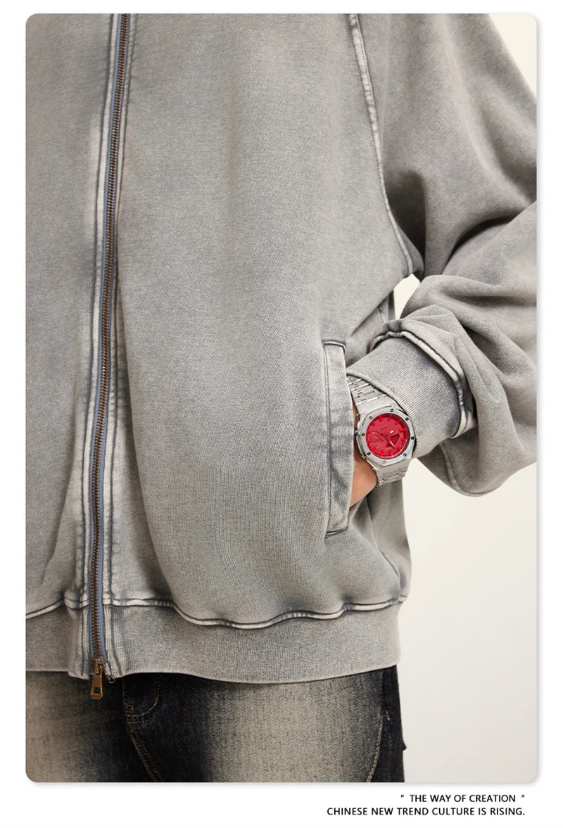 ZODF New Winter Washed Double Zipper Jackets For Men Unisex Loose Heavy Weight 450gsm Raglan Sleeve Cotton Coats HY0654