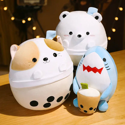 Cartoon Animals Shape Boba Stuffed Panda Polar Bear Shark Bubble Tea Plush Doll Hug Throw Pillow for Kids Round Ball Soft Drink
