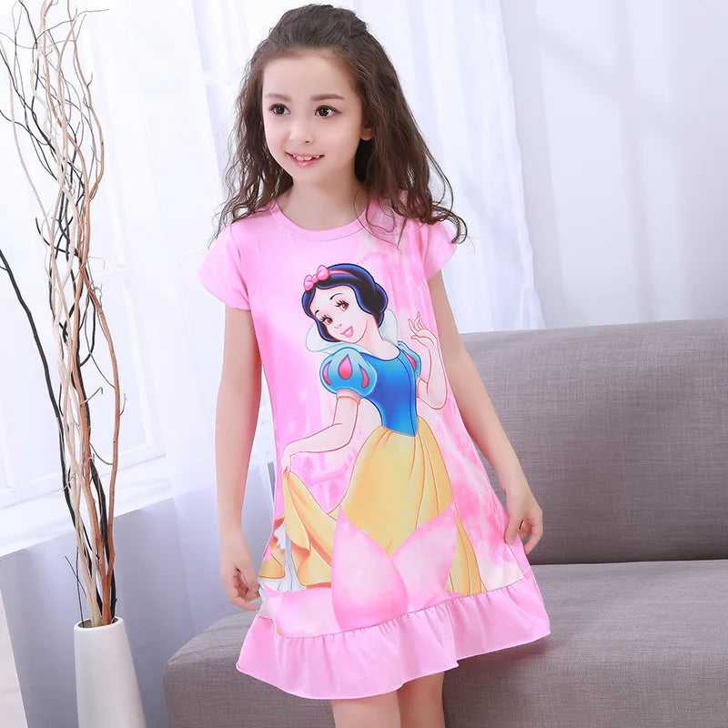 Girls Night Dress Summer Cartoon Snow White Frozen Princess Elsa Mermaid Print Toddler Girl Nightgown for Teens