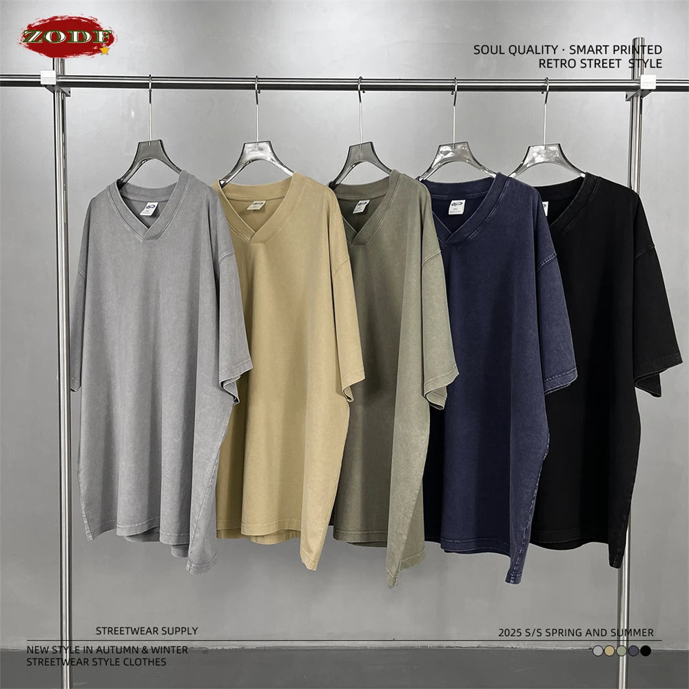 ZODF 2025 Men Summer 250gsm Batik Washed Cotton T-Shirts Retro Unisex Oversized V Neck Distressed T Shirt Brand Tees HY1067