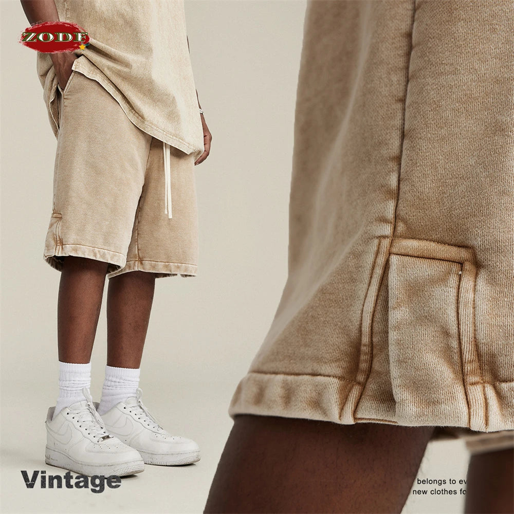 ZODF 2024 Summer Men 350gsm Washed Cotton Shorts Unisex Retro High Street Loose Side Slit Short Pants Streetwears HY0839