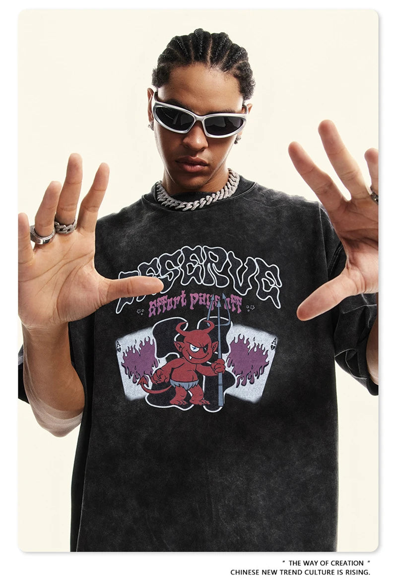 ZODF America Retro Summer 100% Cotton T-Shirts For Men Unisex Washed 310gsm Comfortable High Street Printing T Shirt Tops HY0862