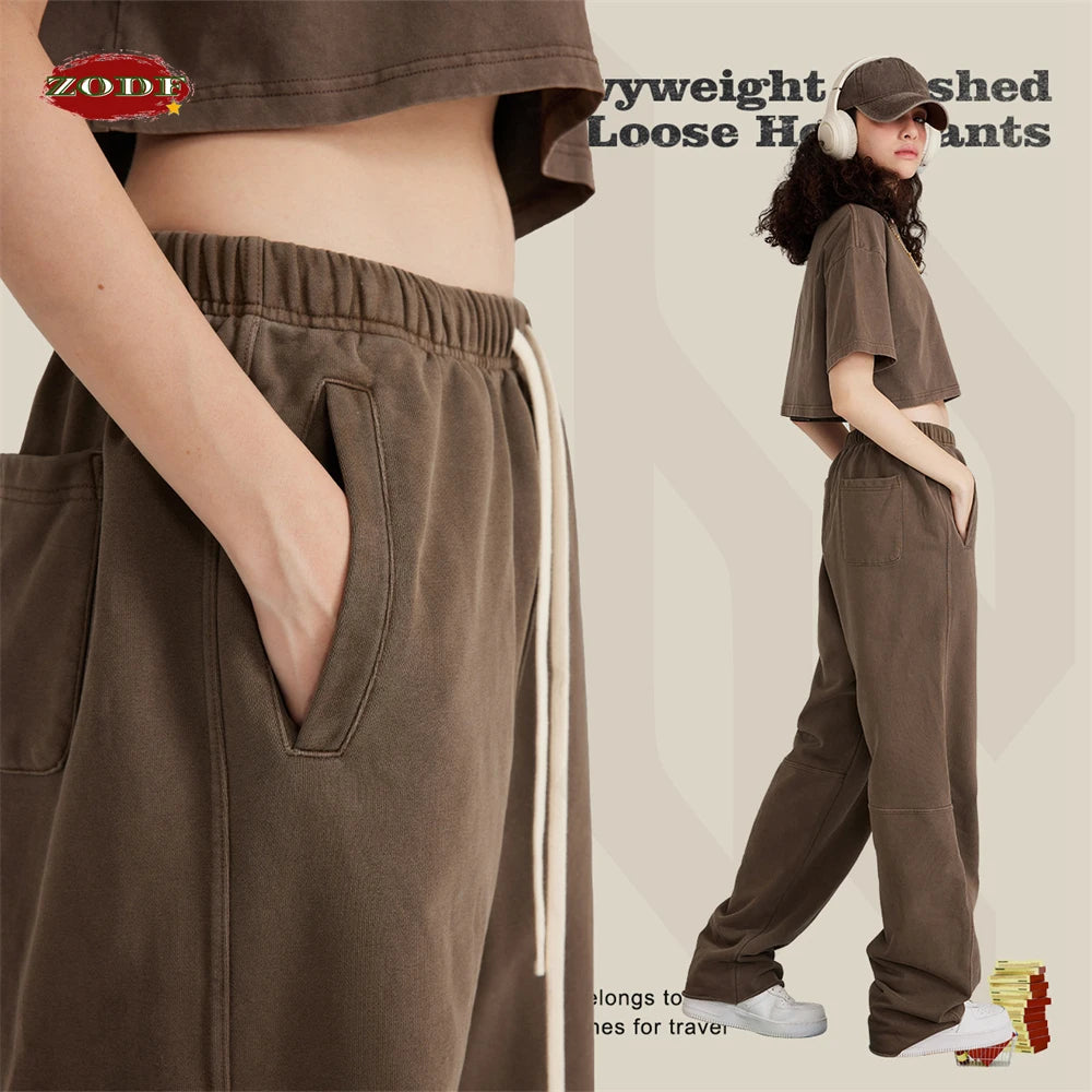 ZODF 2023 Spring Men 380gsm Washed Cotton Pants American Retro Unisex Loose Edge Oversized Straight Trousers Streetwears HY0537