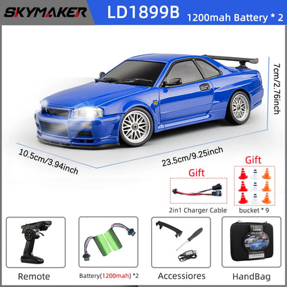 Skymaker LDRC 1/18 RC Drift Car LD1899 GTR Mode R34 2.4GHz RWD with Gyroscope on-Road Alloy Body Shell Racing Car for Boys Gifts