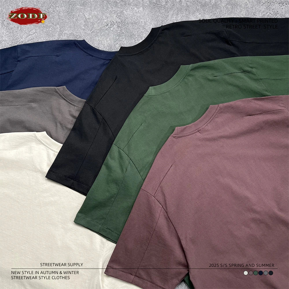 ZODF Trendy 2025 Men 275gsm Cotton T-Shirts Unisex Summer Patchwork Solid O Neck T Shirt Brand Tees HY1045