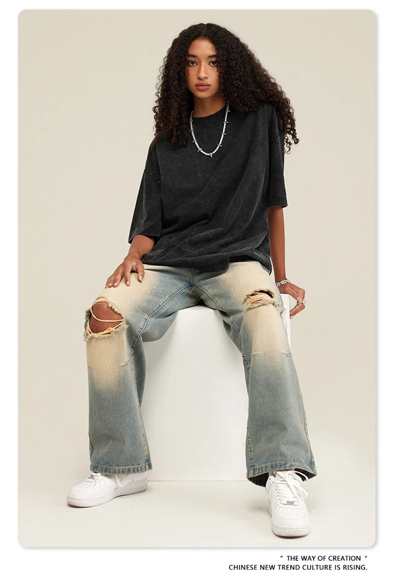 ZODF New Summer Men Washed Batik Cotton T Shirts Unisex American Retro High Street 270gsm Short Sleeve Tees Streetwear HY0489