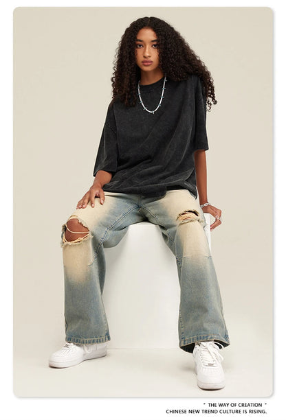 ZODF New Summer Men Washed Batik Cotton T Shirts Unisex American Retro High Street 270gsm Short Sleeve Tees Streetwear HY0489