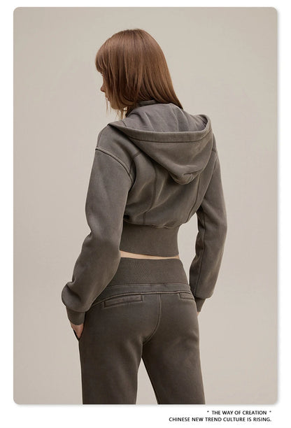 ZODF Vintage 2025 Winter Batik Washed Crop Hoodies Female Girls Remove Hood Heavy Weight Sport 400gsm Hooded Coat HY1085