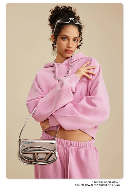 ZODF Women Hotsweet 2025 Winter Washed Fleece Crop Hoodies Girls Oversized Raglan Sleeve 400gsm Hooded Pullovers HY0648