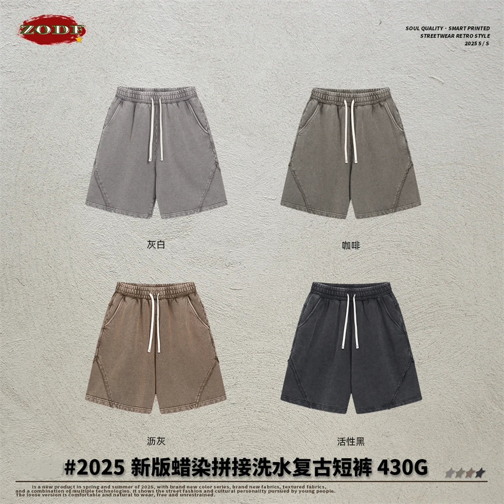 ZODF Retro Men Heavy-Weight Washed 430gsm Shorts Unisex High Street Patchwork Summer Distressed Cotton Shorts HY1035