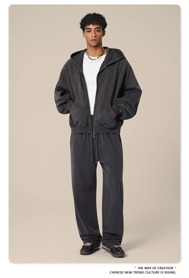 ZODF Heavy Wieght 480gsm Washed Cotton Boxy Zipper Hoodies For Man Unisex Retro Patchwork Off Shoulder Hooded Coats HY1152