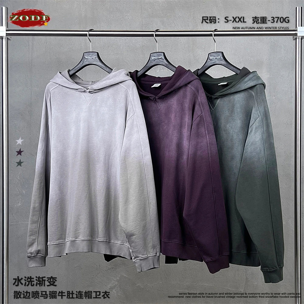 ZODF Retro Winter 370gsm Monkey Washed Hoodies For Man Unisex Oversized Off Shoulder 100% Cotton Hooded Coats Pullovers HY1136