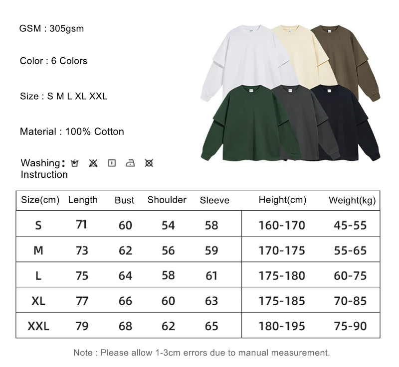 ZODF Fashion Spring Autumn Men 100% Cotton T-Shirt Unisex Fake 2-Piece 305gsm Solid Full Sleeve O Neck T Shirt Brand Tees HY0925