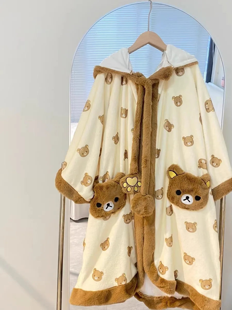 Rilakkuma Women'S Fleece-Lined Thickened Robe Coral Fleece Flannel Hooded Home Clothes Warm Nightgowns Casual Wear For Going Out