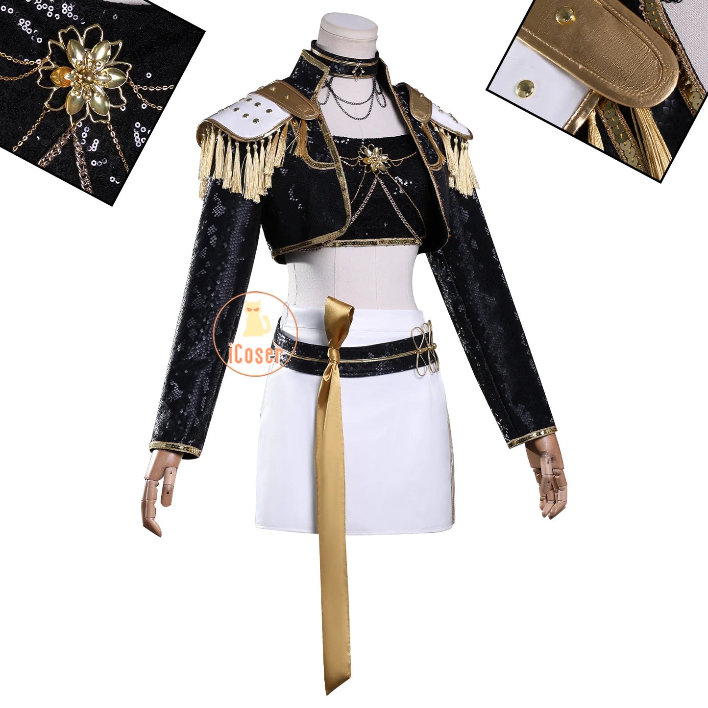 KPop Demon Hunters Mira Cosplay Costume Black Gold Skirt Huntrix Golden Uniform Headwear Halloween Party for Women Girls Props