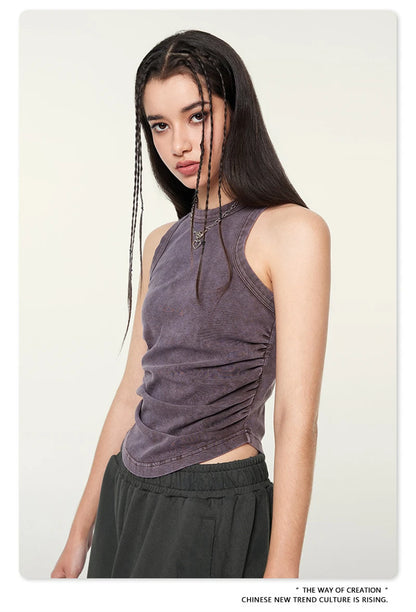 ZODF Women 2024 Summer Washed Tank Tops Female Hotsweet Girls 235gsm Slim Pleated Arc Hem Camisole TEE Streetwears HY0795