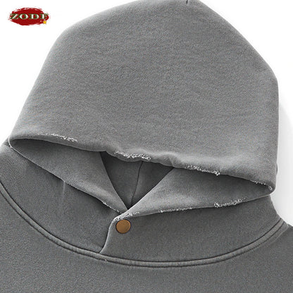 ZODF Vintage 350gsm Man Washed Boxy Fleece Hoodie Unisex Loose Ripped Warm Button Winter Hooded Pullovers Brand Clothing HY0053
